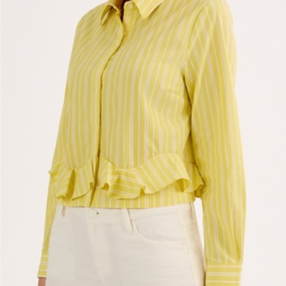 CAbi Yellow Striped Ruffle Hem Button-Down Shirt